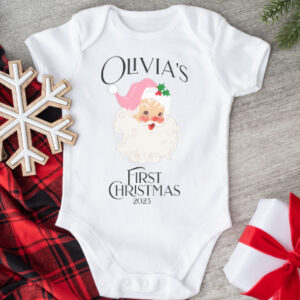 My First Christmas Custom bodysuit  Retro Pink Santa