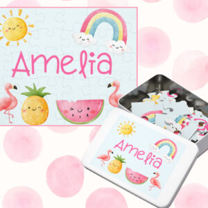 Personalized Name Puzzle- Happy Watercolor- Rainbow Flamingo