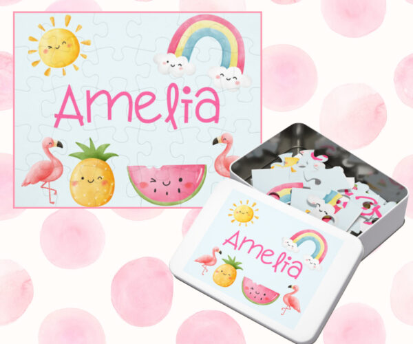 Personalized Name Puzzle- Happy Watercolor- Rainbow Flamingo