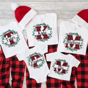Red Buffalo Plaid Personalized Name  Matching Christmas Tees