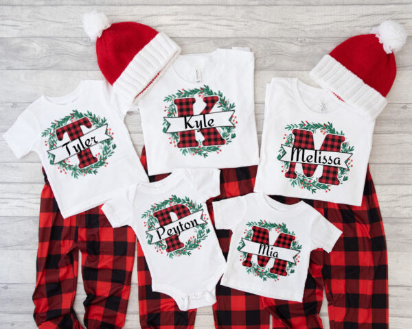 Red Buffalo Plaid Personalized Name  Matching Christmas Tees