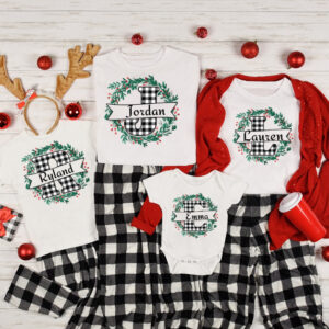 White/Black Buffalo Plaid Personalized Name  Matching Christmas Tees