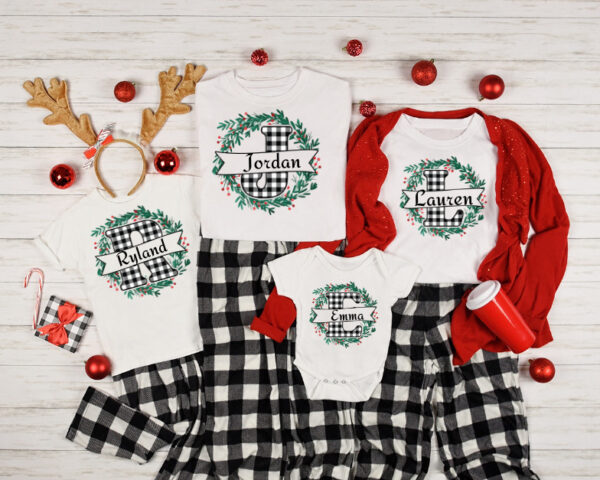 White/Black Buffalo Plaid Personalized Name  Matching Christmas Tees