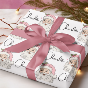 Pink Vintage Santa Personalized Christmas Wrapping Paper